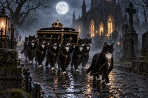 A moonlit procession of black cats carrying a tiny gold-crowned coffin through a misty churchyard