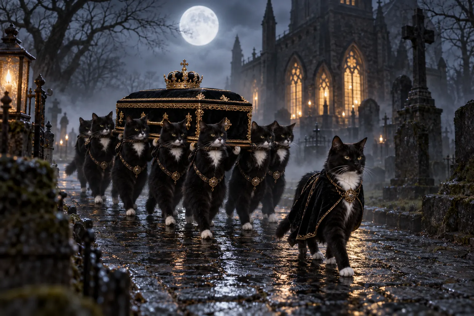 A moonlit procession of black cats carrying a tiny gold-crowned coffin through a misty churchyard
